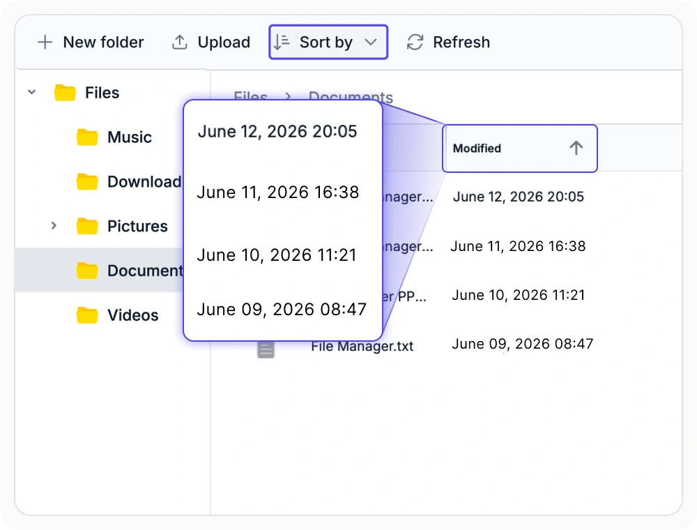React File Manager list sorted by Date Modified with newest files first