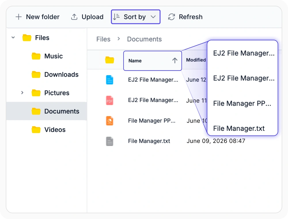 React File Manager list sorted alphabetically by the Name column