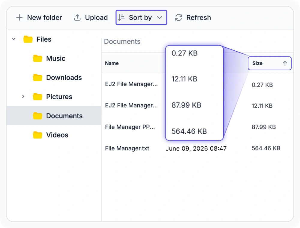 React File Manager list sorted by file size with largest files first