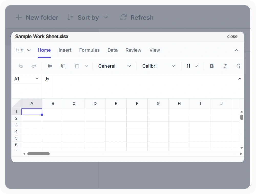 React File Manager with integrated Spreadsheet component displaying Excel data with formulas and cell formatting