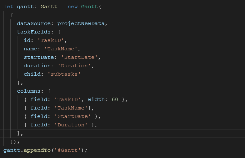Define columns in React Gantt Chart.