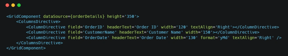 Define Columns in React Data Grid.