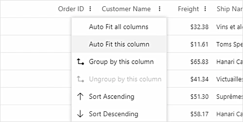 Column menu in React Data Grid.