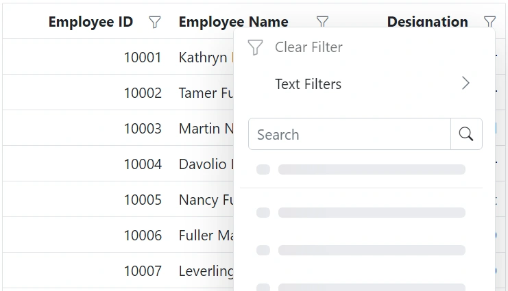 React Data Grid filter rows using Excel-like filter.