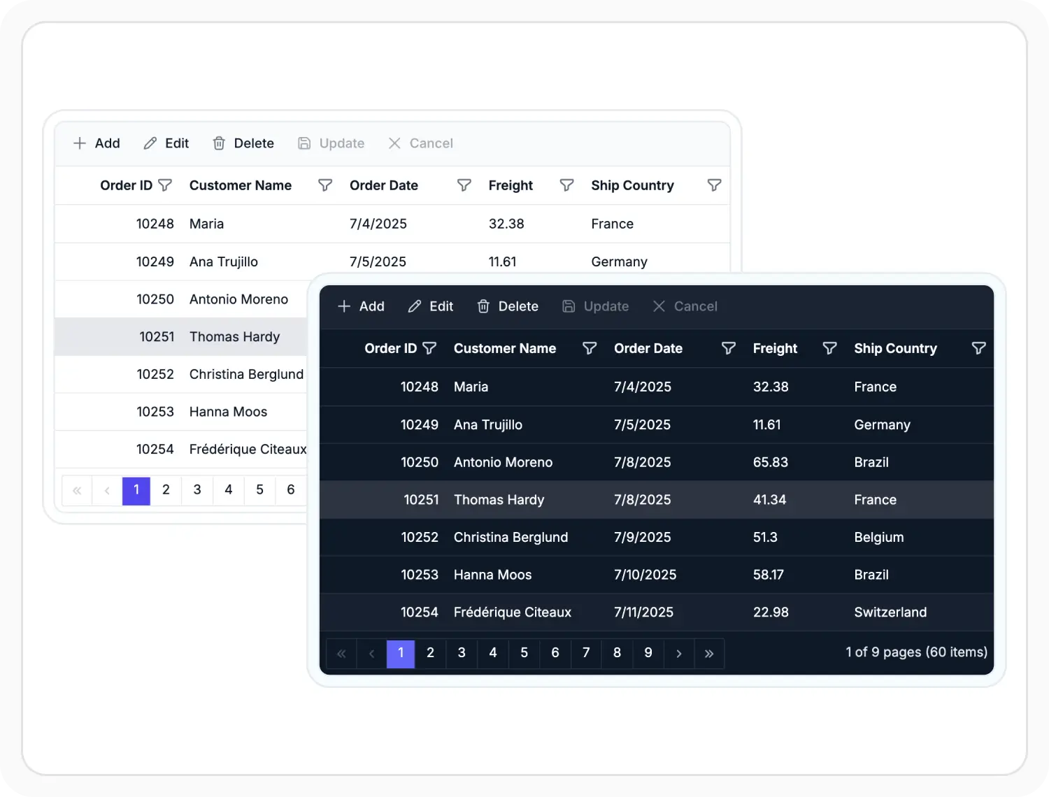 Built-in themes in React Data Grid.