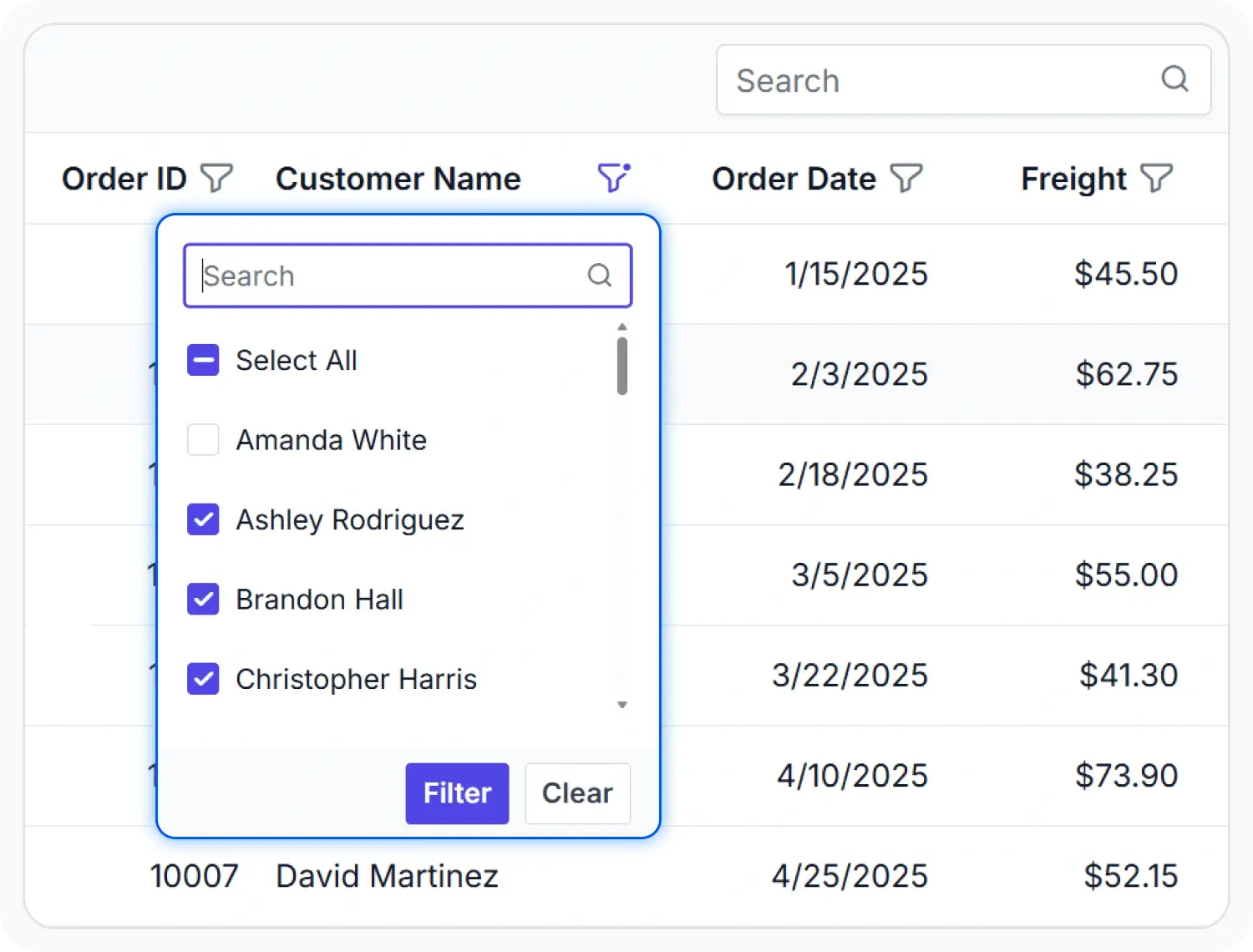 Checkbox filter in React Data Grid.