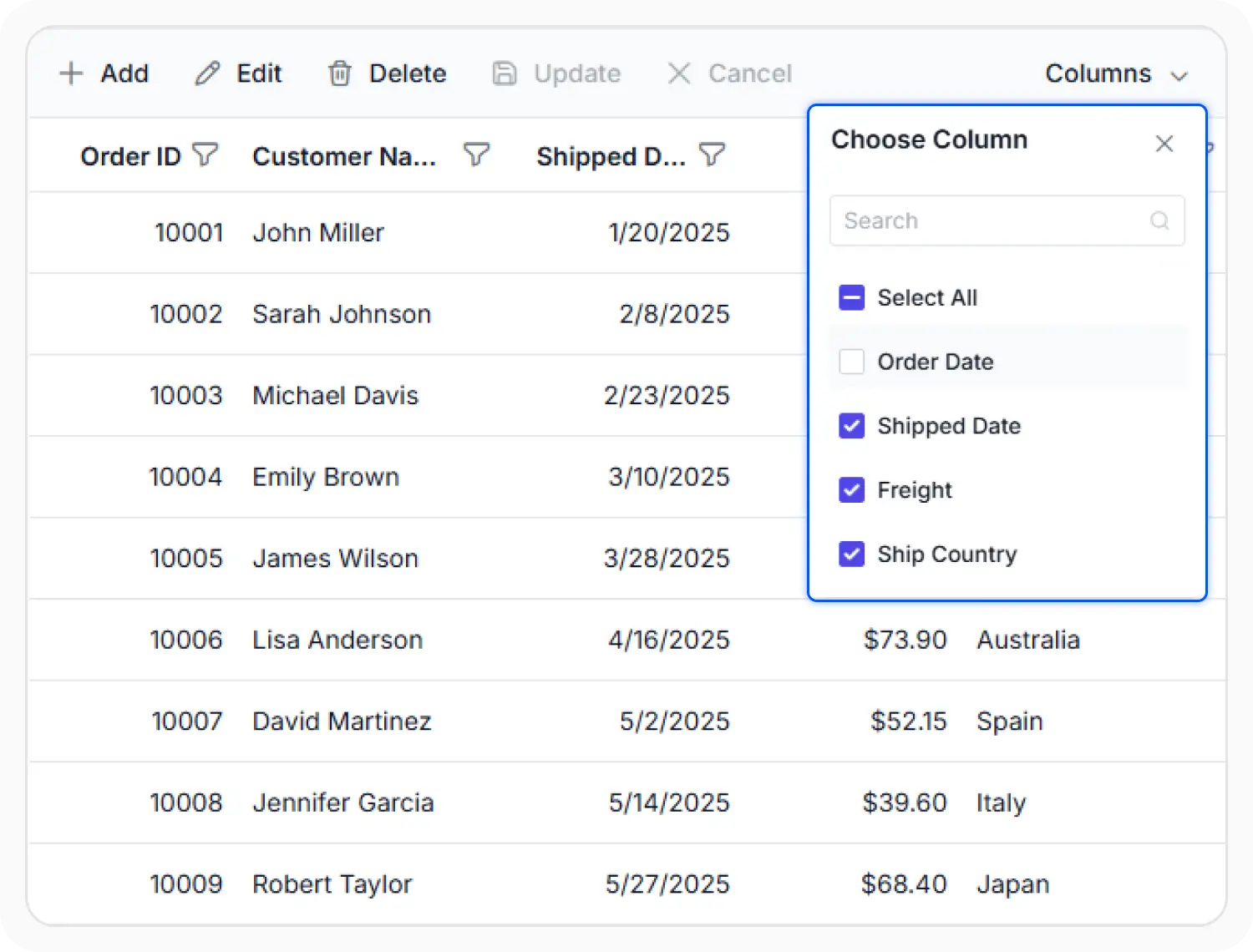Column chooser in React Data Grid.