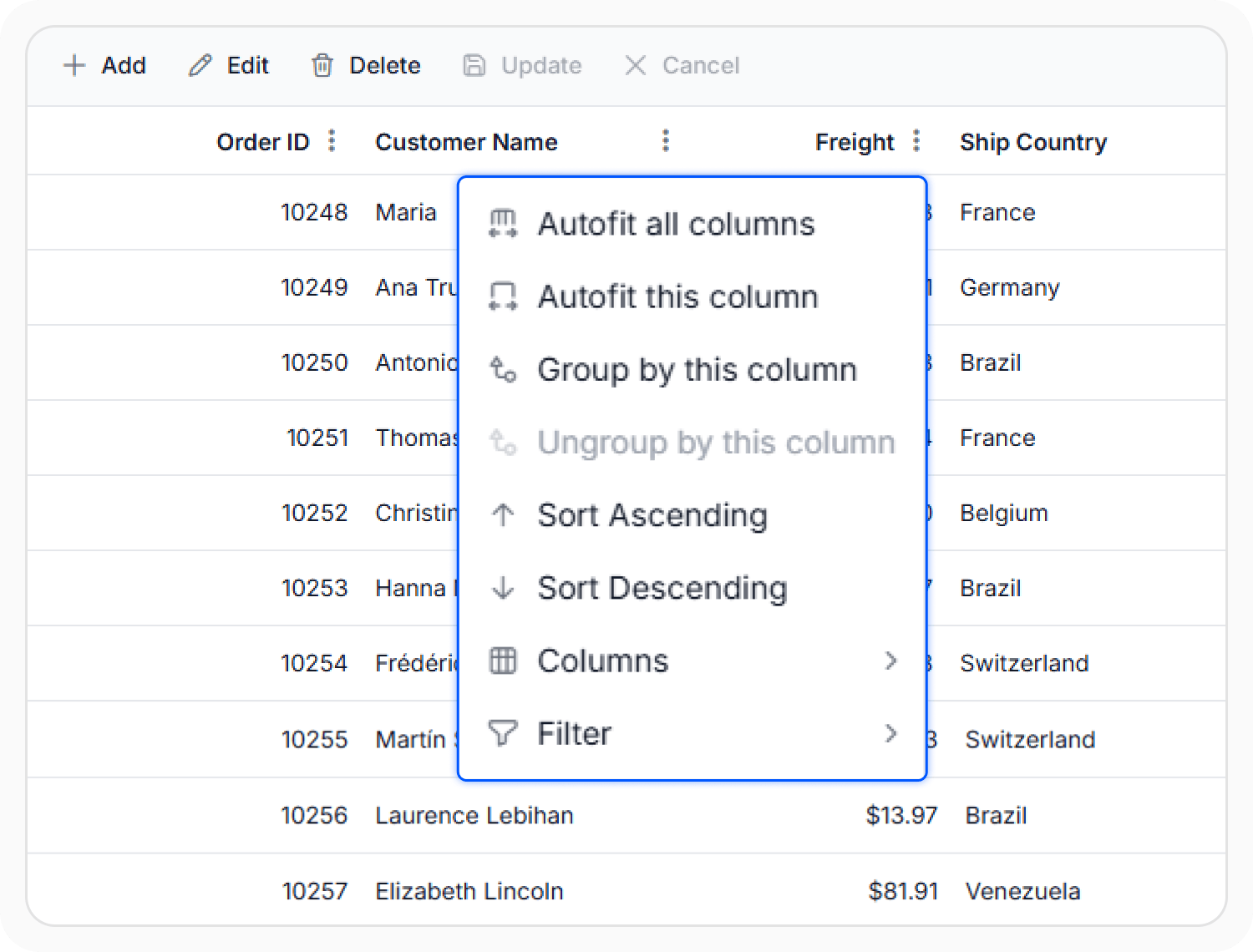 React Data Grid column menu.