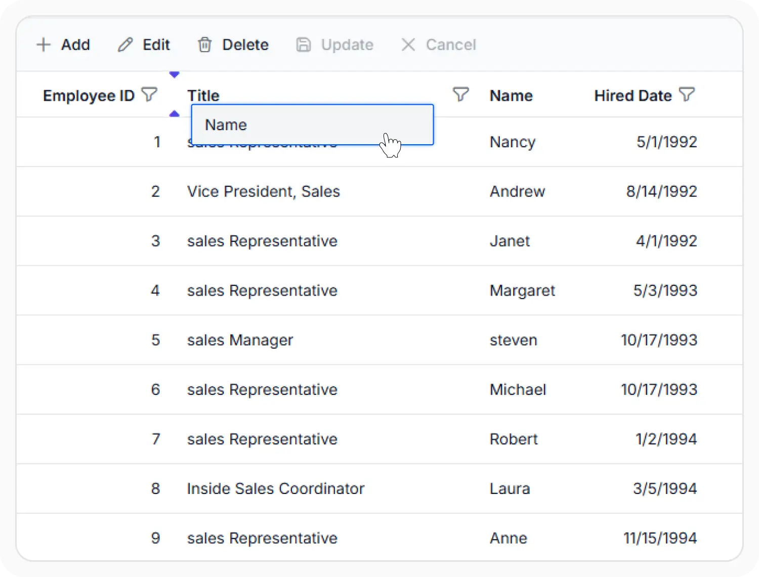 Column reorder in React Data Grid.