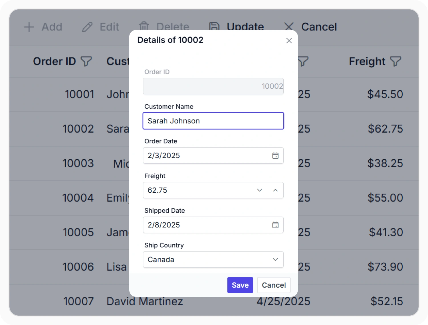 Dialog form editing in the React Grid.