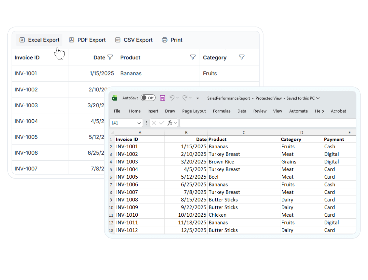 React Data Grid export and print.