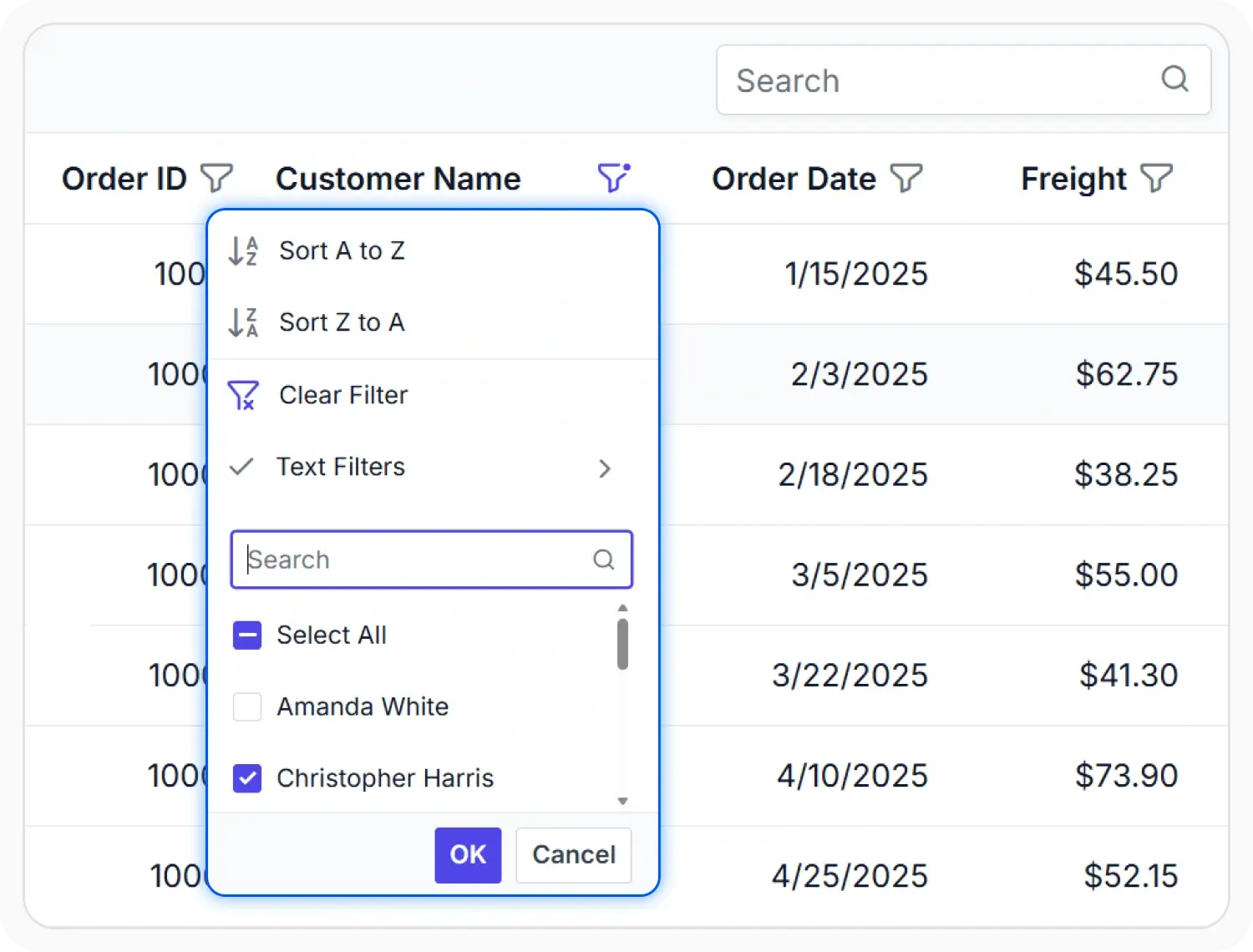Excel-like filter in React Data Grid.