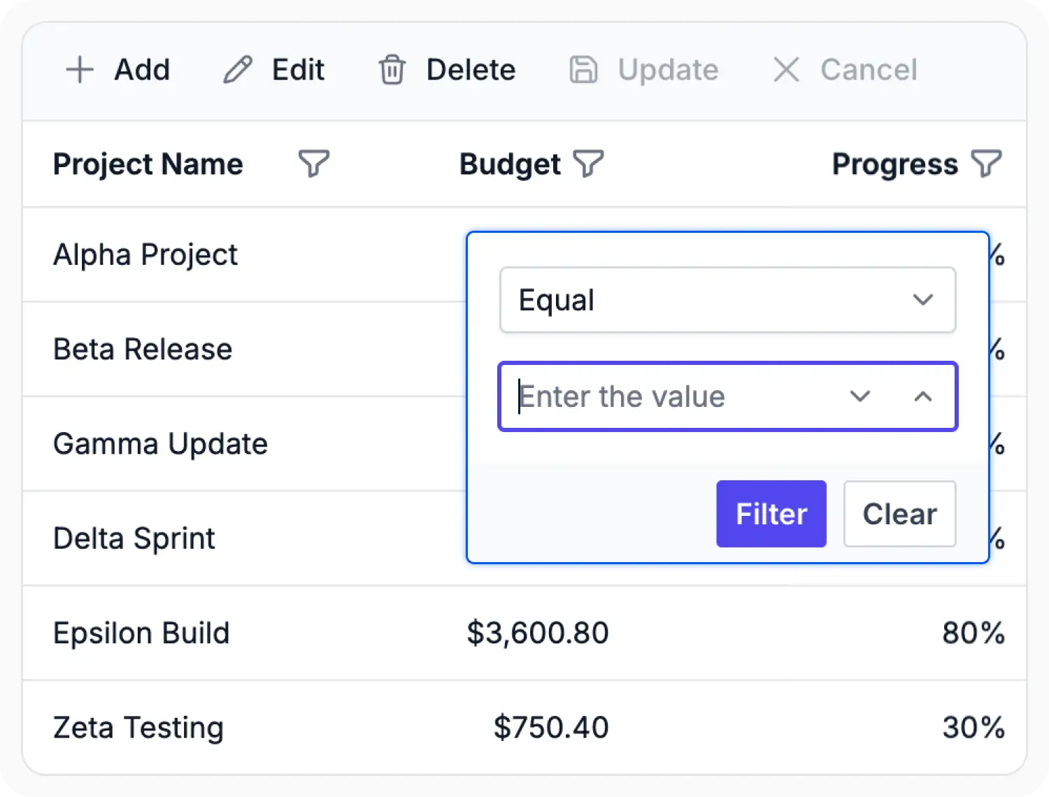 Filter menu in React Data Grid.