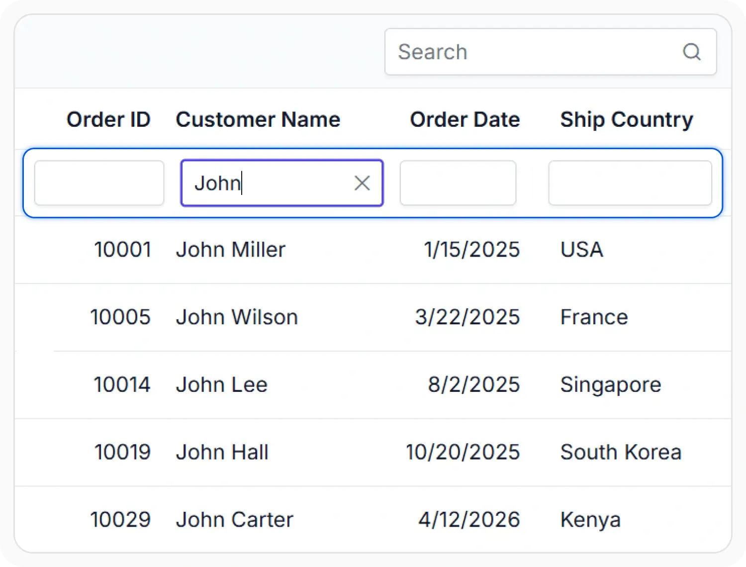 Filter bar in React Data Grid.