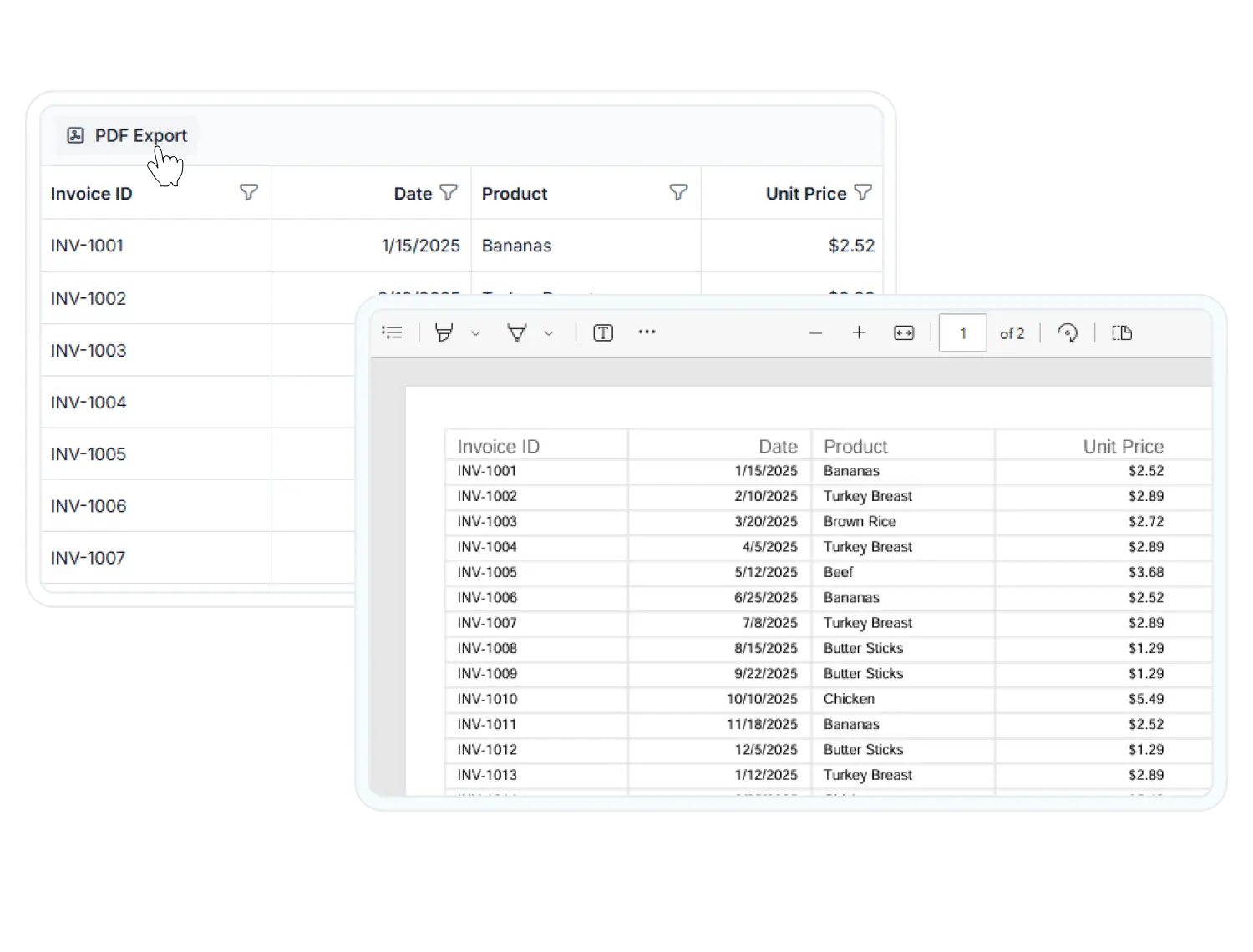Export Data Grid records to PDF format with custom formatting.