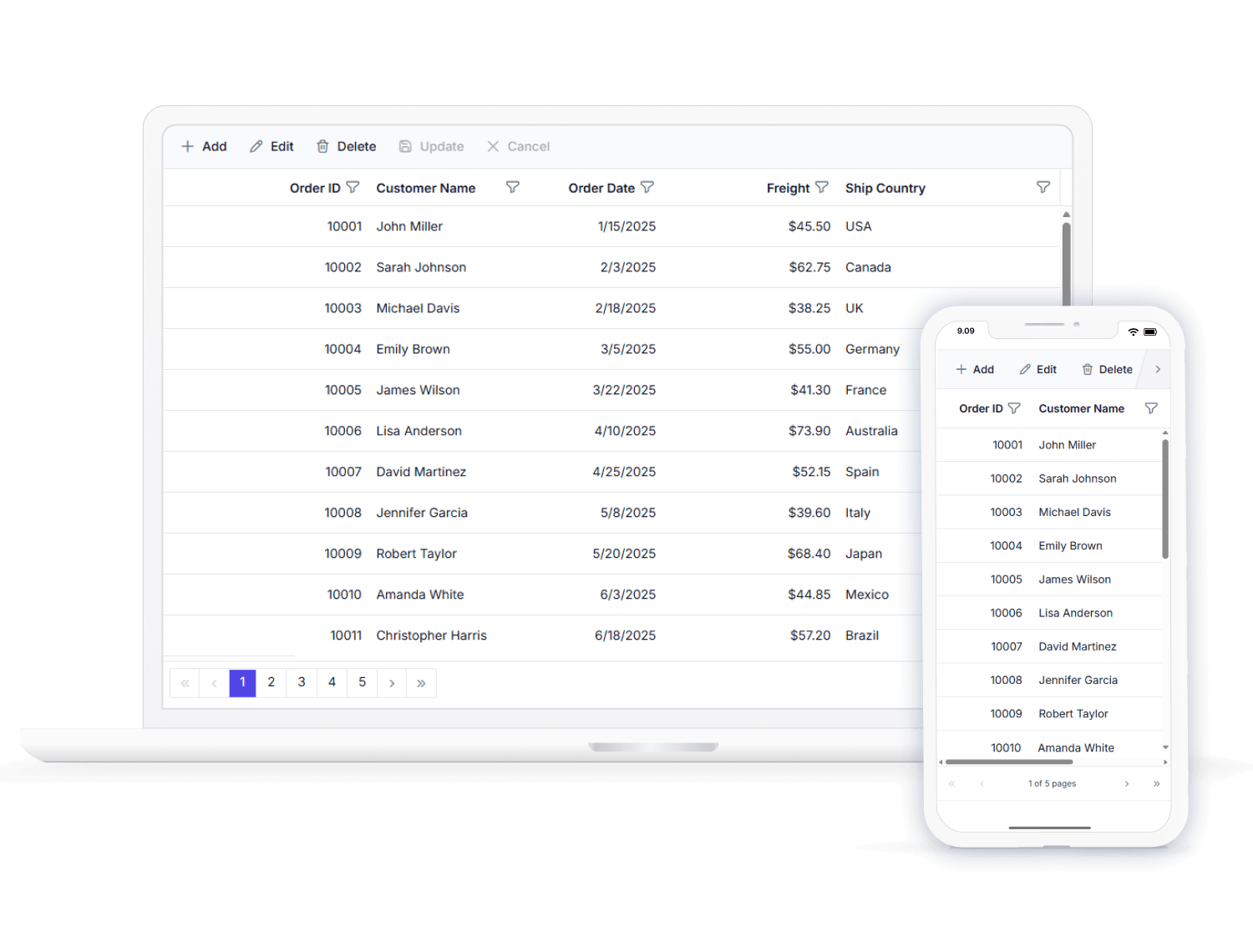 React Data Grid adaptive UI layout.