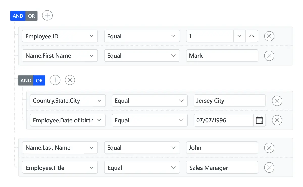 Complex data binding in React Query Builder.