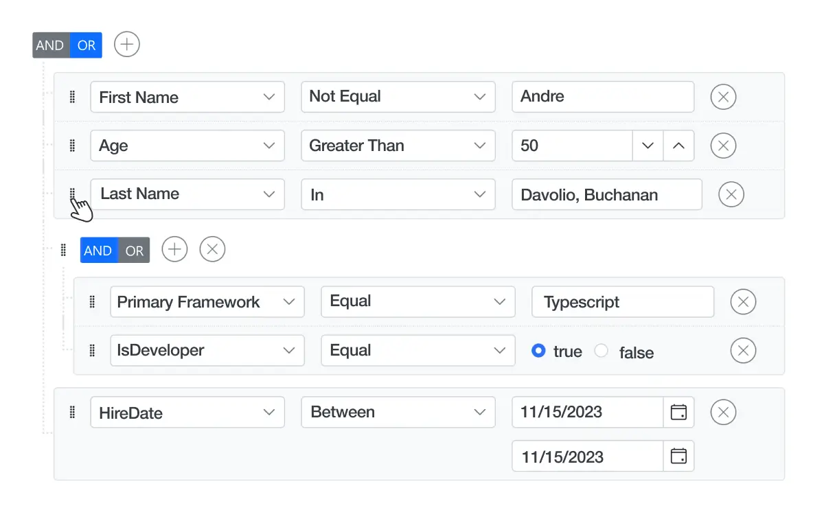 Drag and drop in React Query Builder.