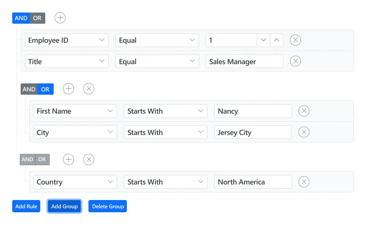 Filtering in React Query Builder.