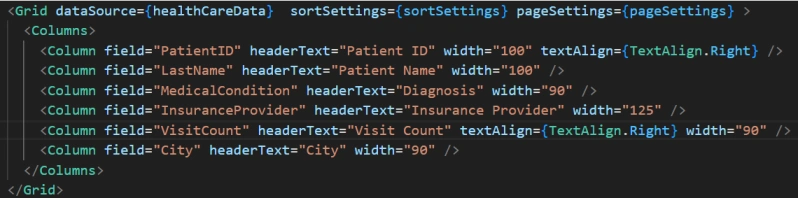 Define Columns in React Data Grid.