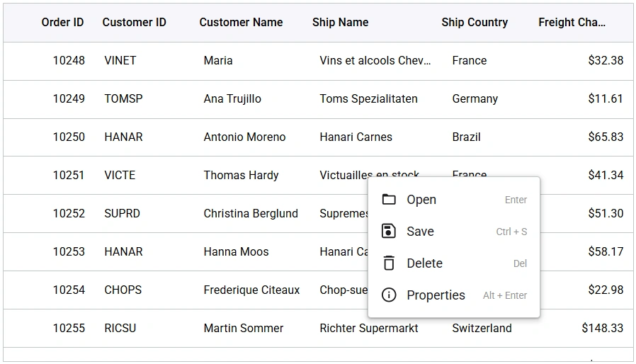 React Context menu integration