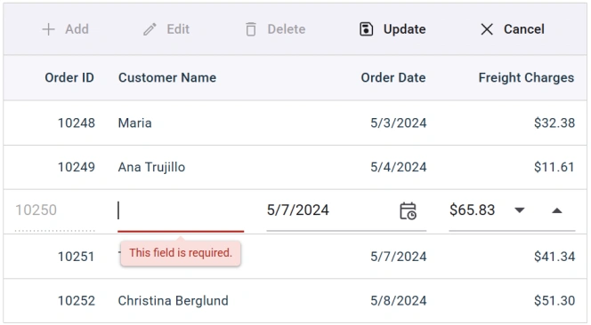 React Data Grid with validation.
