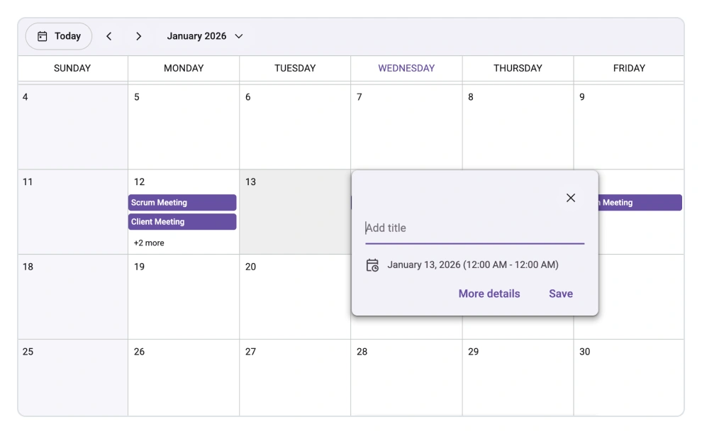 React Scheduler quick event creation.