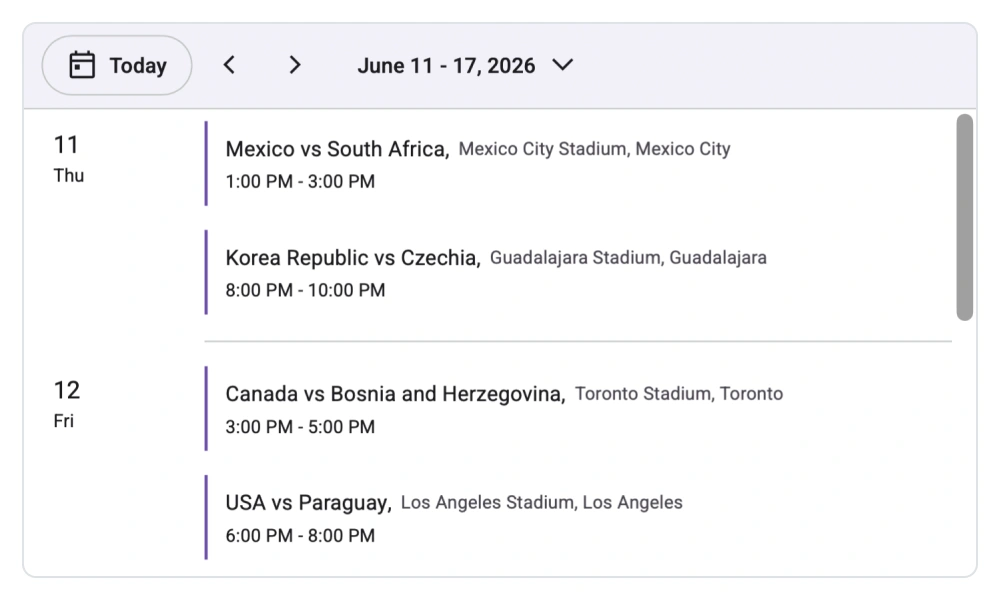 Agenda view in React Scheduler component.