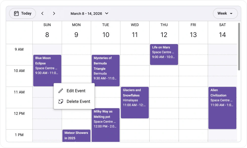 Context menu integration in React Scheduler component.