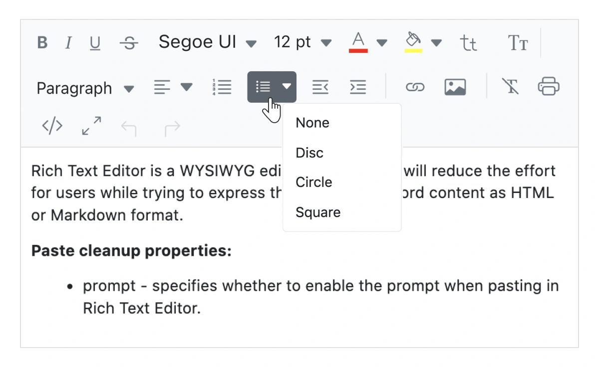 React WYSIWYG HTML editor with custom list.