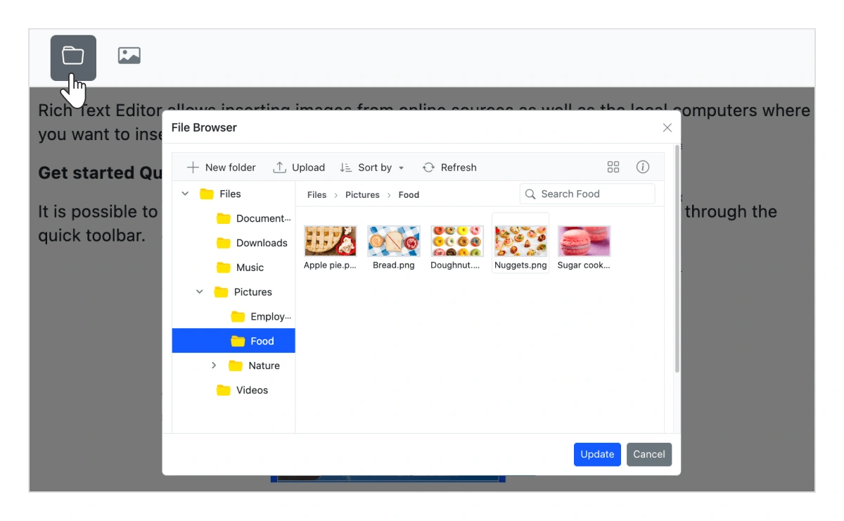 Insert images through file manager in React WYSIWYG HTML editor.