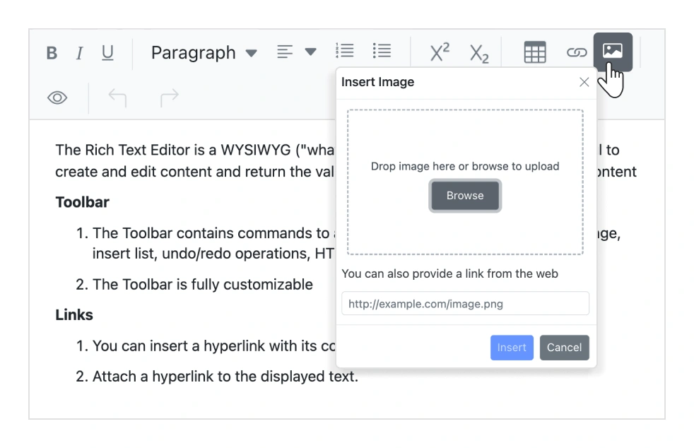 Insert image in React HTML WYSIWYG editor.