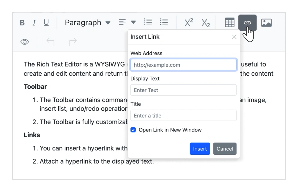 Hyperlinks insert in WYSIWYG React HTML editor.