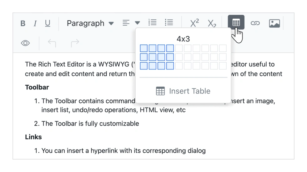 Insert tables in React Rich Text Editor.