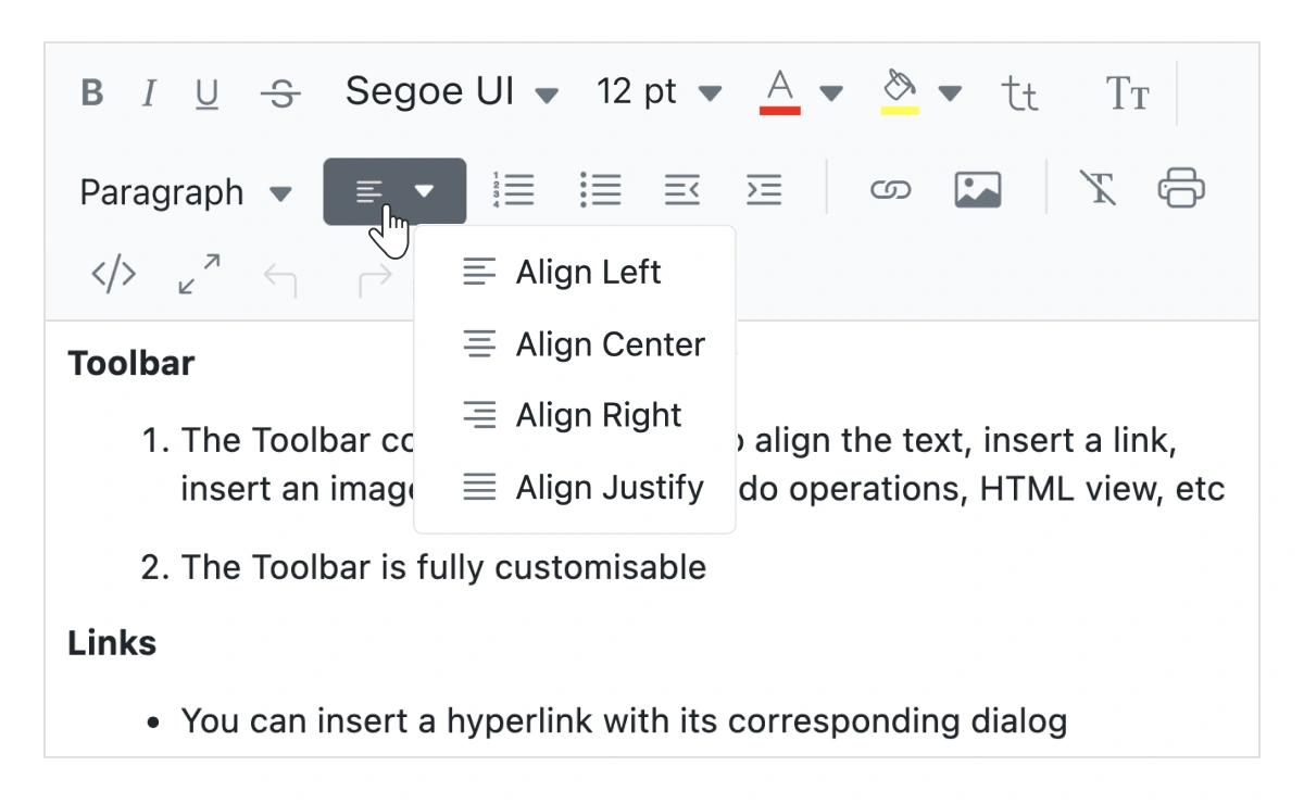 React Rich Text Editor with text alignment tools.