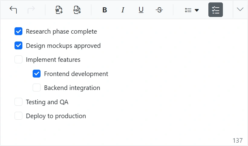 Checklist in React WYSIWYG HTML editor.
