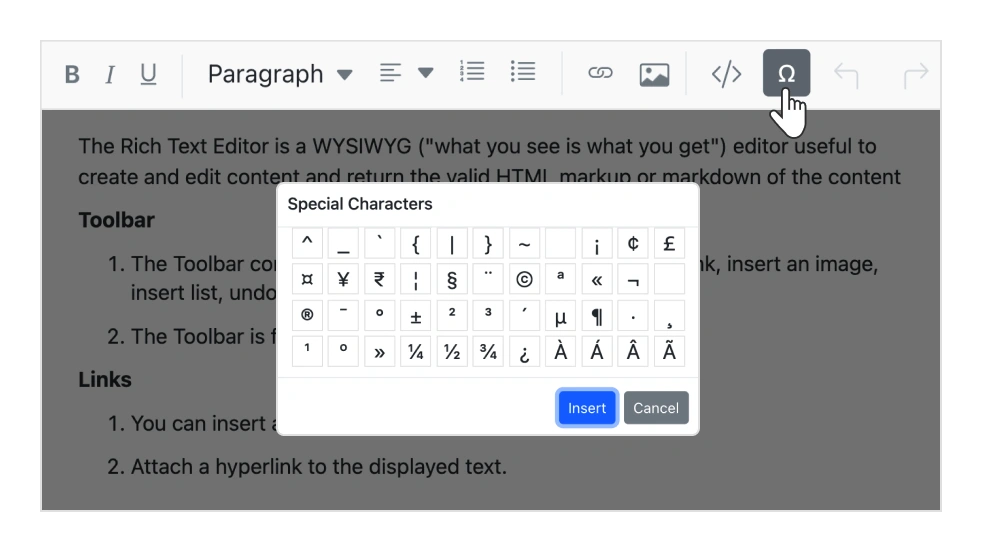 React WYSIWYG HTML editor with custom toolbar.