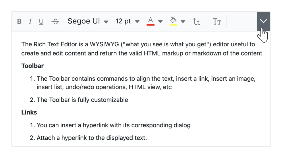 React WYSIWYG HTML editor with expandable toolbar.