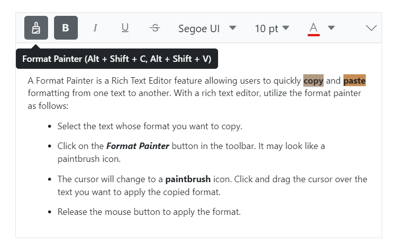 React Rich Text Editor with format painter.