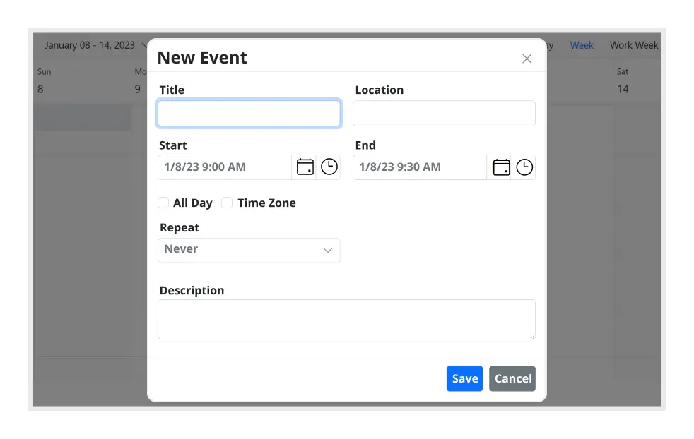 Illustration of event editor of React Scheduler.