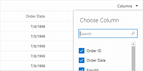 Choose visible columns using column chooser in React Tree Grid.