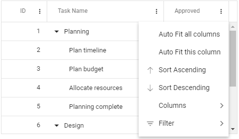 Column menu in React Tree Grid.