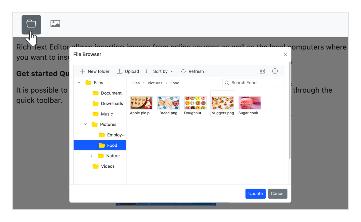 Upload image through file manager in Angular WYSIWYG HTML editor.