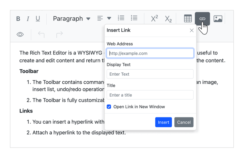 Insert hyperlinks in WYSIWYG Angular HTML editor.
