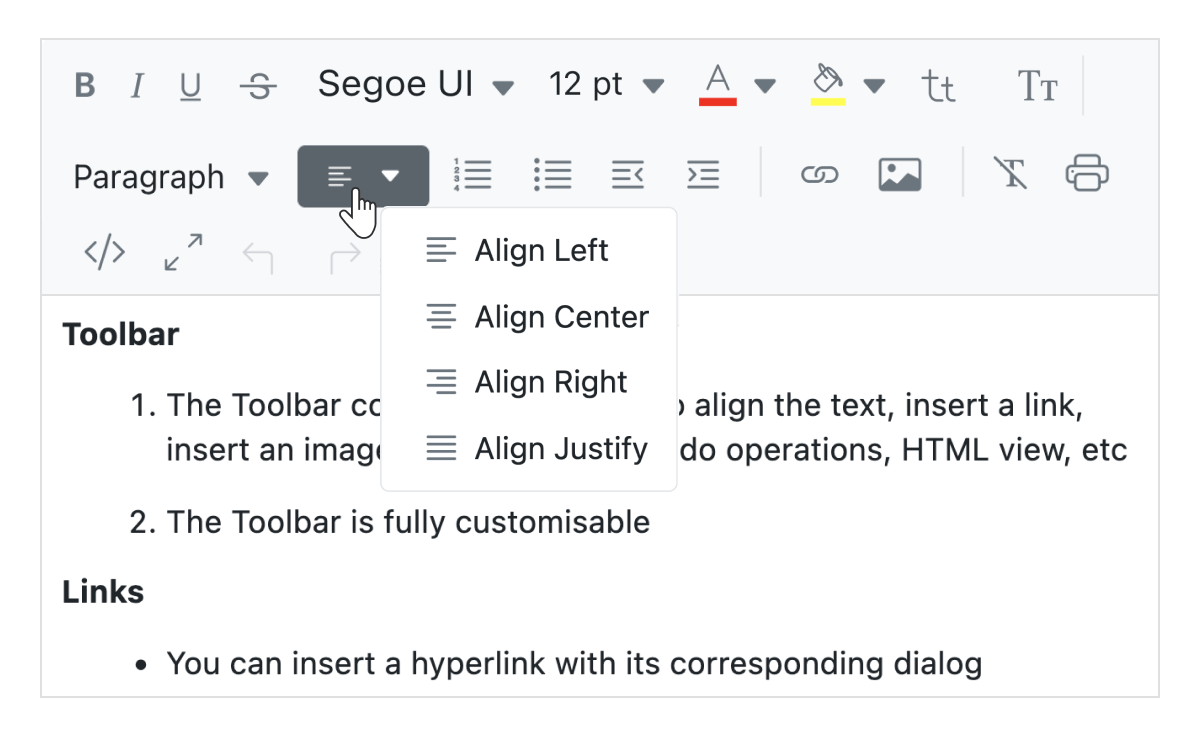ASP.NET Core Rich Text Editor with text alignment tools.