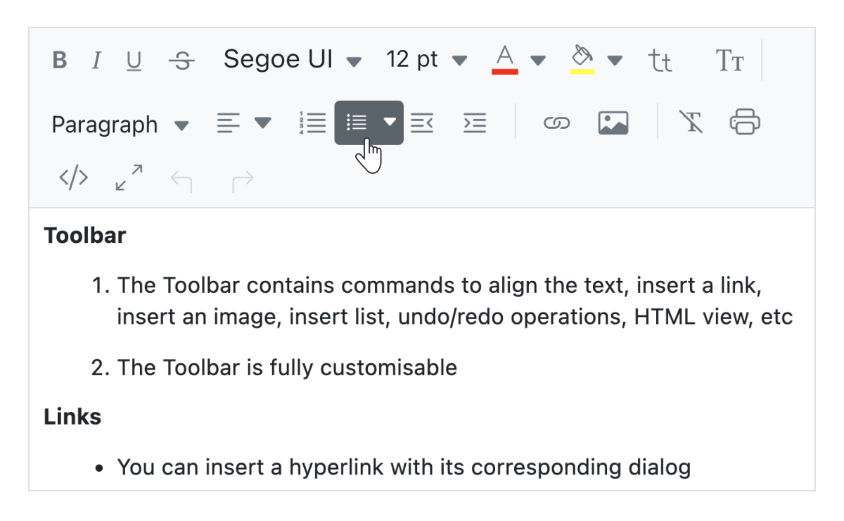 Adding lists ASP.NET Core WYSIWYG HTML editor.