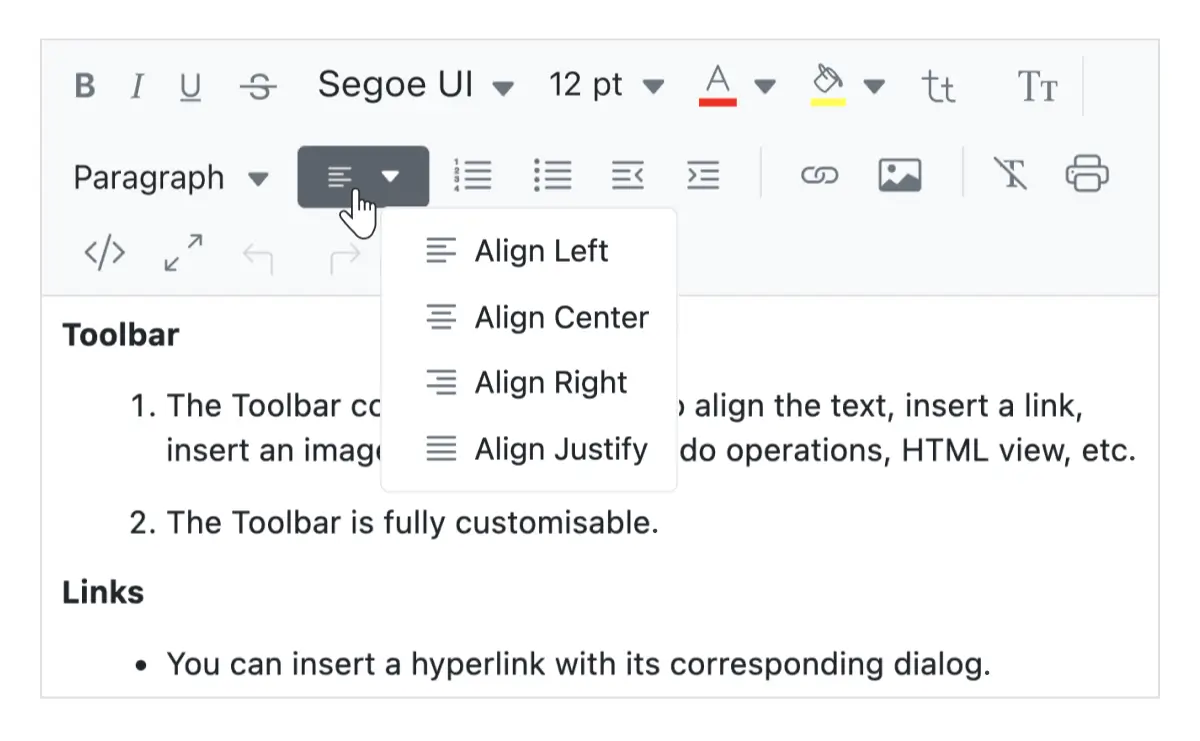 Blazor Rich Text Editor with text alignment tools.
