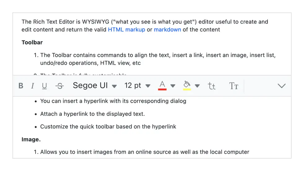 Blazor WYSIWYG HTML editor floating toolbar.