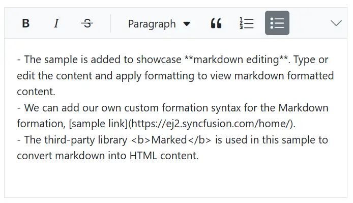 Insert Markdown list in RTE Blazor Markdown editor mode.