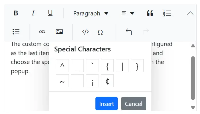 The Blazor RTE Markdown editor mode with custom tools.